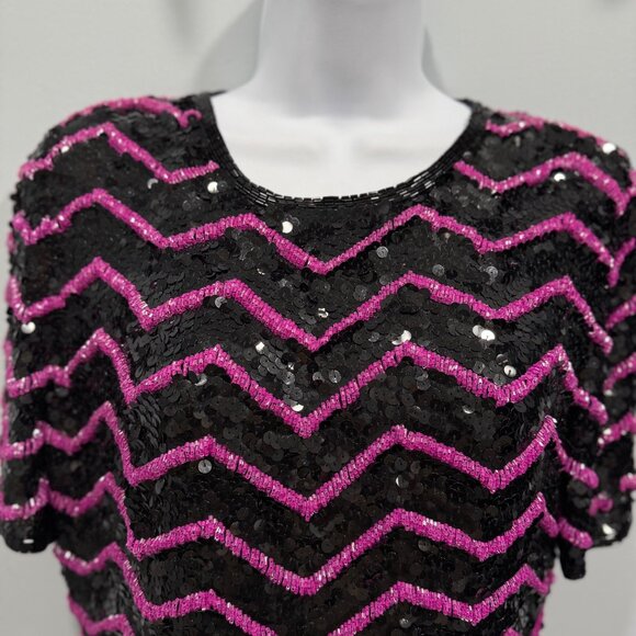 VTG 80s Glam Joan Leslie Black Silk Pink Chevron Sequin Dress Cocktail Size S? - Picture 2 of 15